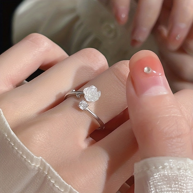 New Thorn Camellia Open Ring For Women, Sweet Girlish Style, Adjustable Rose Flower BFF Pair Rings, Perfect Gift Choice
